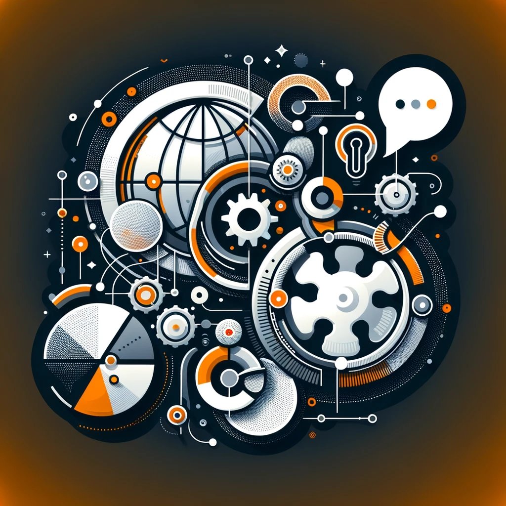 DALL·E 2024-03-28 17.36.55 - Craft an abstract image using HubSpots brand colors (orange, white, and shades of gray) to symbolize the core functionalities of digital marketing, s