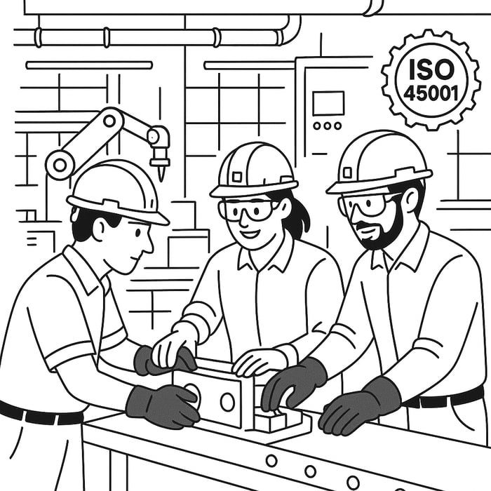 흑백 아웃라인 느낌의 이미지에 노션 느낌으로 제조업 공장에서 근로자들이 안전모와 보호장비를