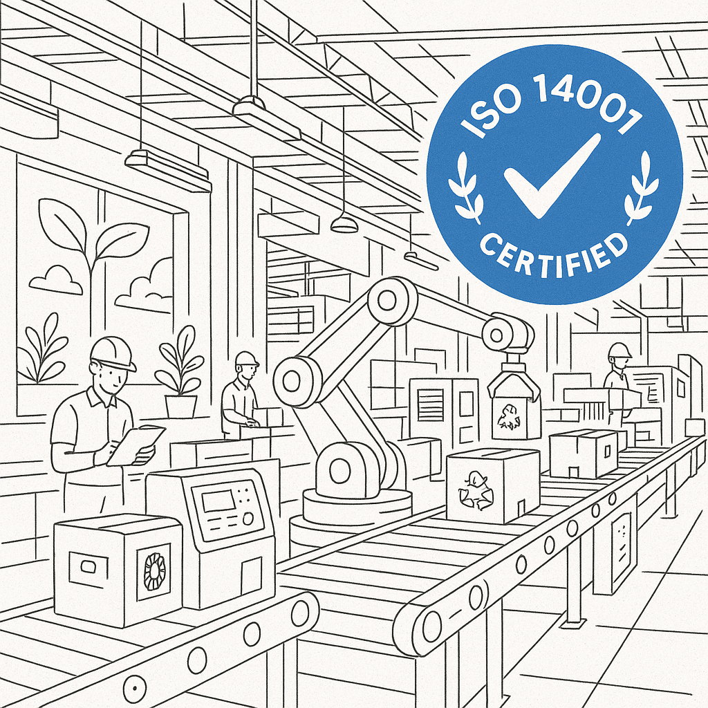 Notion 느낌의 라인아웃 이미지로 현대적인 제조 공장에서 친환경적으로 운영되는 생산라인