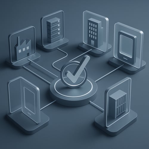 Abstract 3D illustration of a quality framework foundation a central elevated platform with a polished checkmark glyph encircled by a subtle portal ri